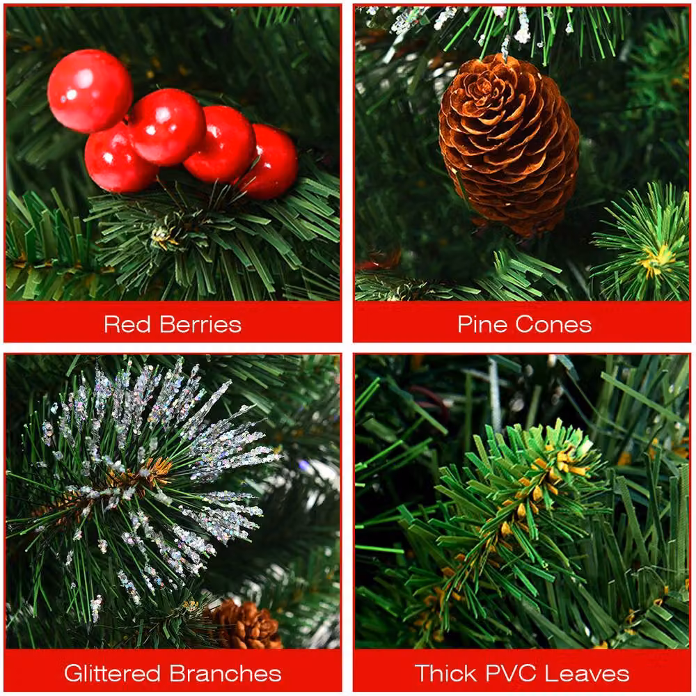 Gymax 120 cm Artificial Christmas Tree in Green and Red with Glittered Branches and Pine Cones – 7