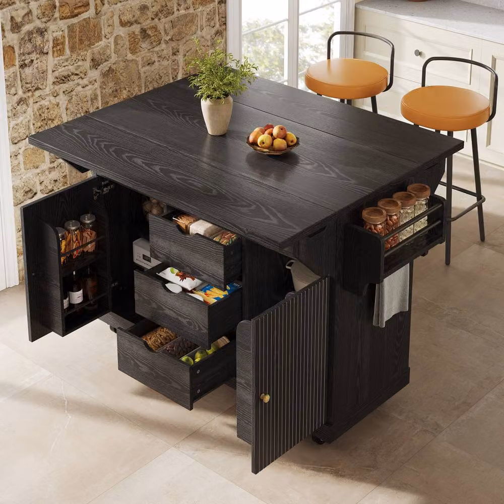 Merax Fluted Drop Leaf Kitchen Island Mobile Storage Trolley Cabinet in Black, W/D/H: 142.5 x 40.0 x 95.0 cm – 4