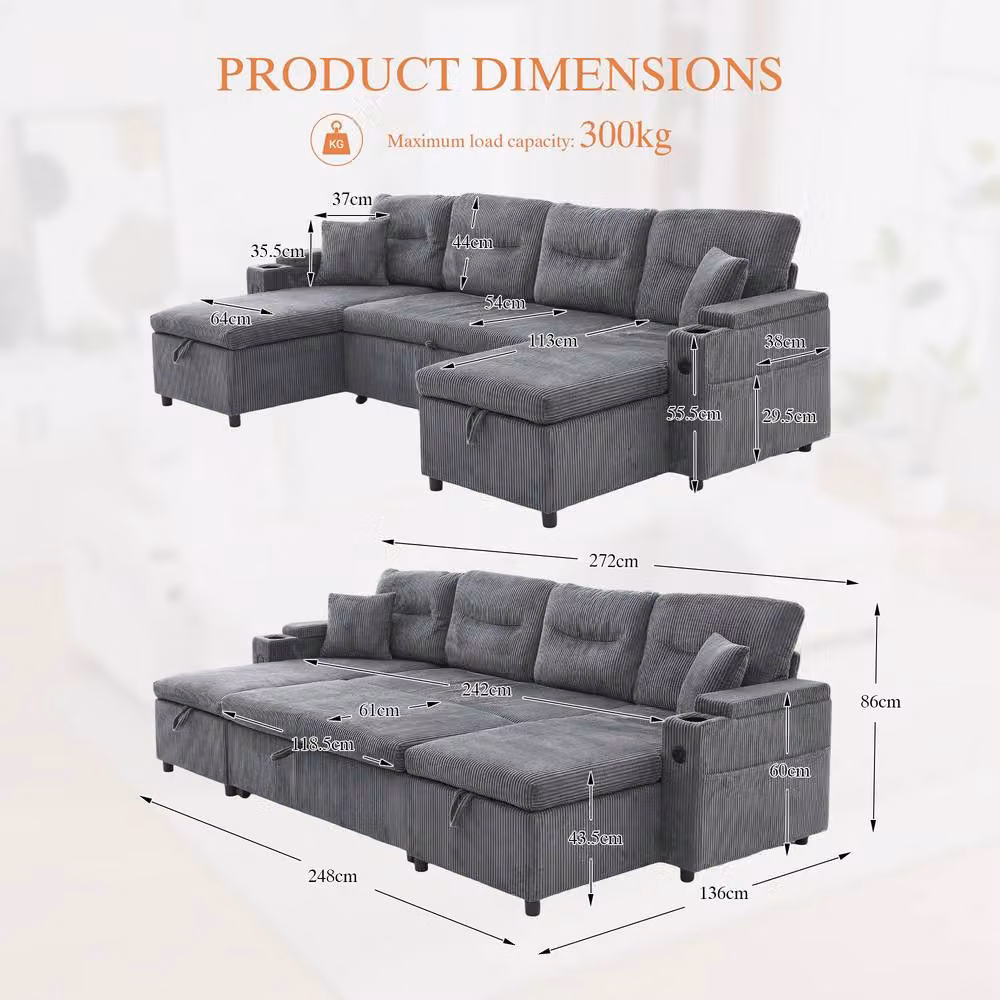 Matteo Grey Fabric 4-Seater U-Shape Sofa with Pull-Out Bed, Storage, Cup Holders and USB Charging – 2