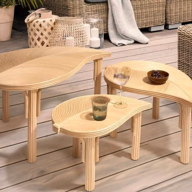 Wyld and Coco Natural Rattan Nest of 3 Oval Coffee Tables in Beige and Sand – 1