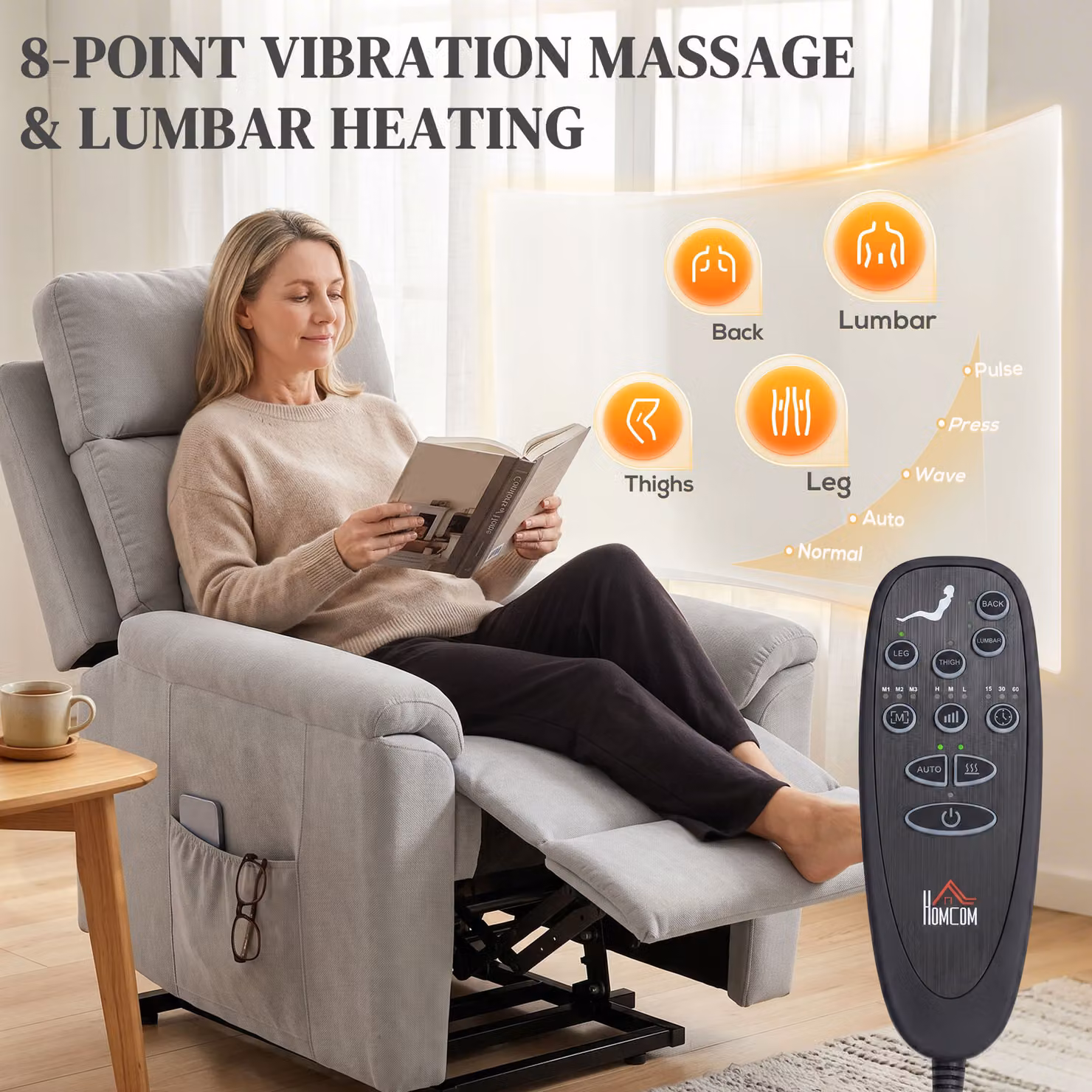 HOMCOM Power Lift Recliner Chair with Massage and Heat, Light Grey Terry Cloth Electric Lift Chair with Spring Cushion – 3