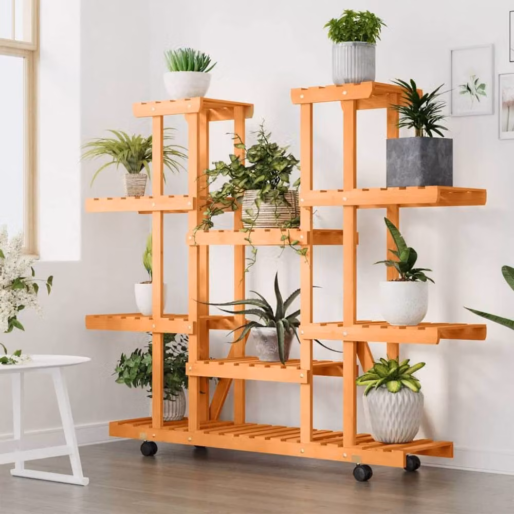 Berkfield Home Retro Flower Stand with Wheels in Brown Solid Wood, W/D/H: 110 x 25 x 115 cm – 3