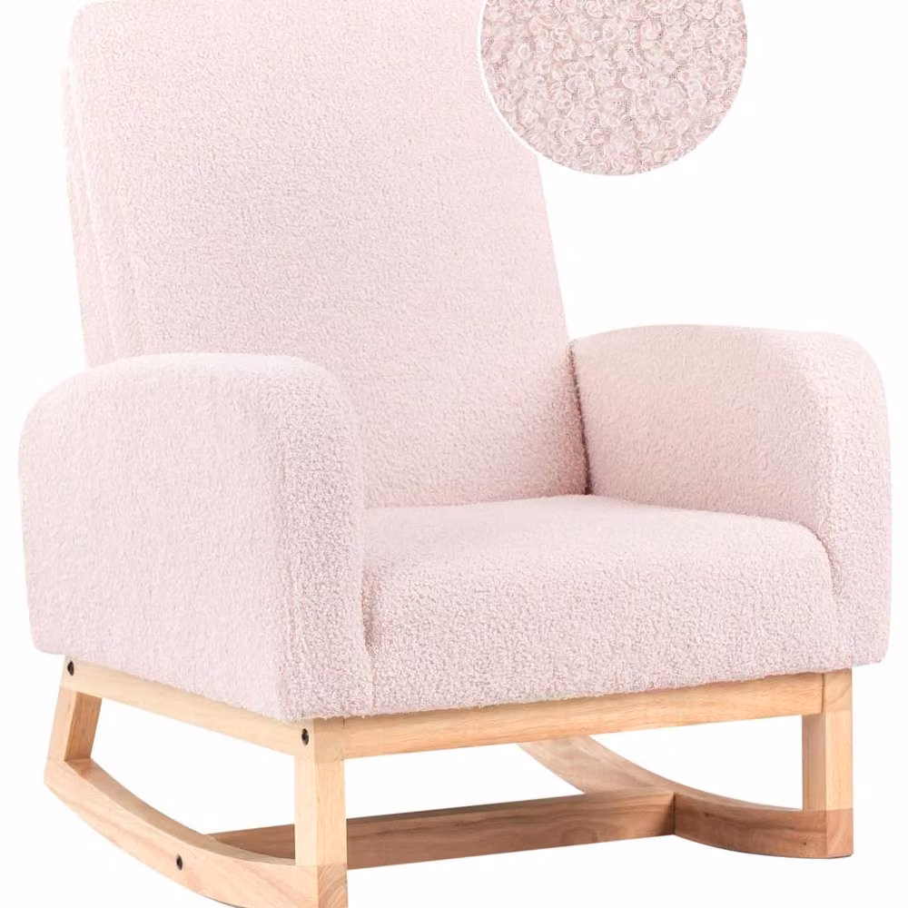 Wyld Haus Kids Rocking Chair in Pink Bouclé Fabric with Armrests and Solid Rubberwood Frame – 2