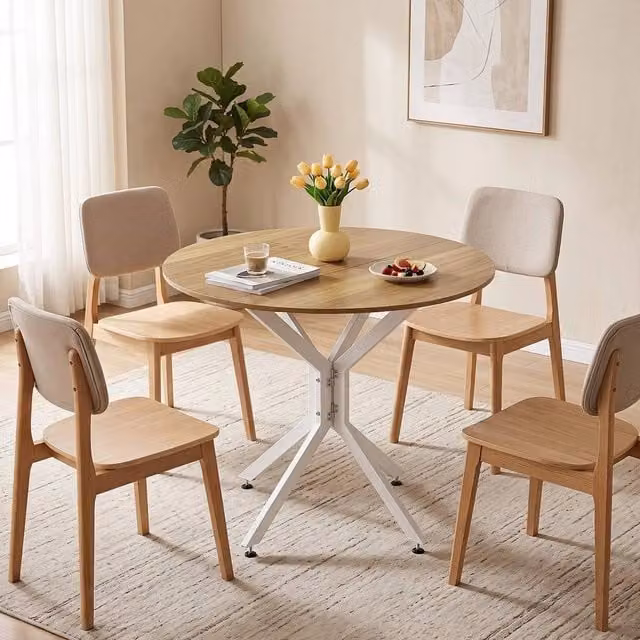 KORVIXA Round Butterfly Leaf Kitchen Table in Brown with Metal X-Frame, W/D/H: 100 x 100 x 75 cm