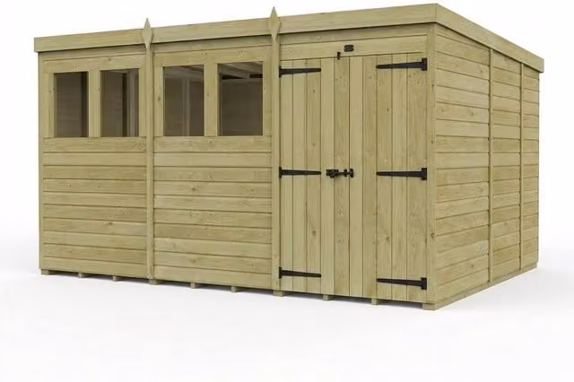 Buttercup Farm Brown Timber Pent Garden Shed with Double Doors and Windows W/D/H: 365.76 x 274.32 x 210 cm