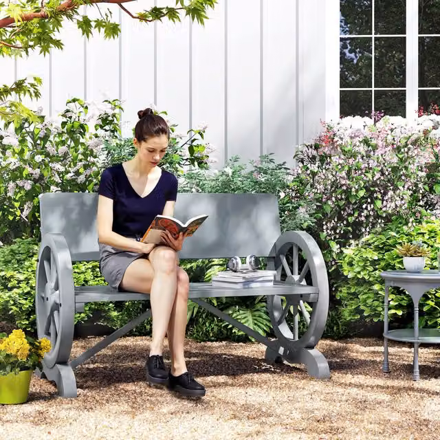 Outsunny Texan Wagon Wheel Wood Bench in Grey
