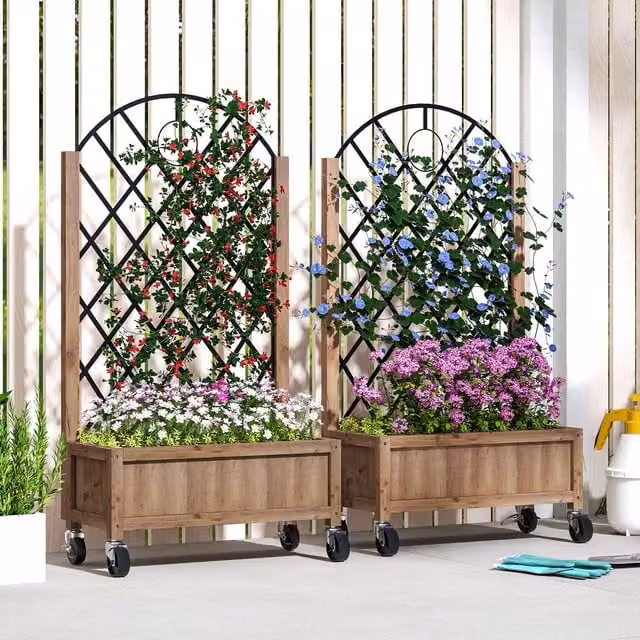 OUTSUNNY Pack of 2 Brown Wooden Raised Planter Boxes with Metal Trellis