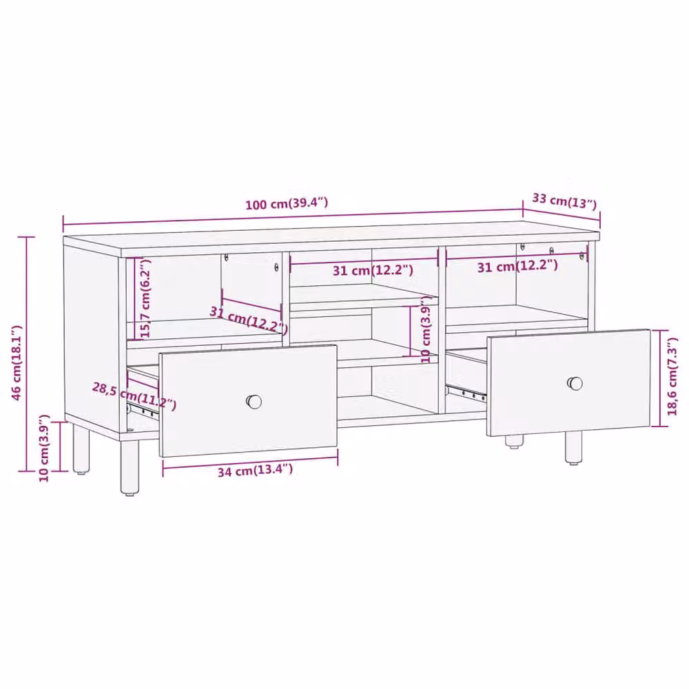 Berkfield Home Industrial TV Cabinet in Brown Solid Mango Wood, W/D/H: 100 x 33 x 46 cm – 6