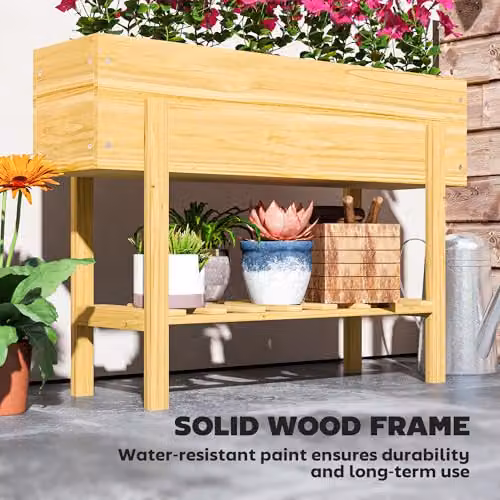 Outsunny Wooden Raised Garden Bed with Bed Liner and Storage Shelf, Brown, W: 100 cm, D: 30 cm, H: 71 cm – 6