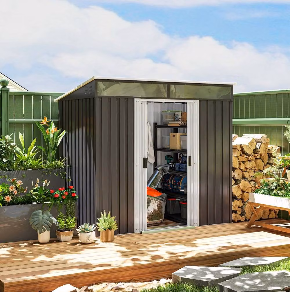 STILVORA Grey Metal Pent Garden Shed with Foundation Kit, Sliding Doors, Window and Side Vent, W/D/H: 181.0 x 122.0 x 195.0 cm – 1