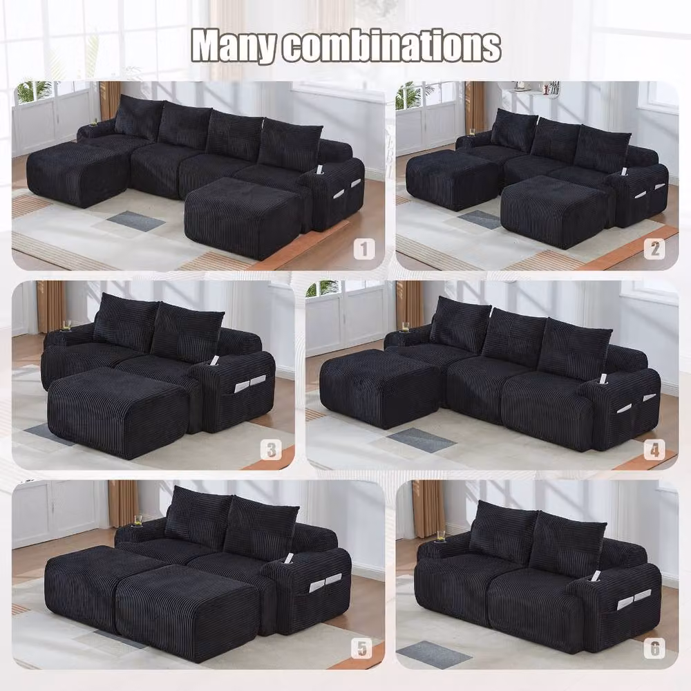 Rolipo Black 3-Seater Modular Cord Sofa with Matching Ottoman and Cup Holders – 7