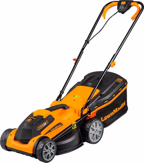 LawnMaster MX 24V 34cm Cordless Lawnmower in Orange with Spare Battery, Quick Charger, Collection Bag and Mulching Kit – 1