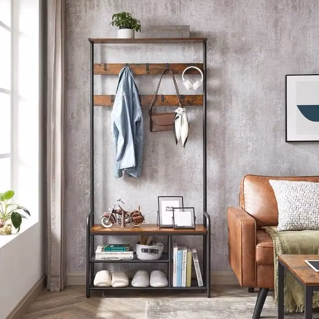 KORVIXA Industrial Hall Tree with Bench and Shoe Storage in Brown