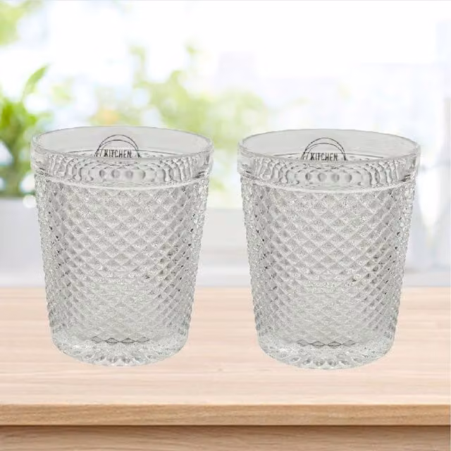 Set of 2 Shop4allsorts Diamond Cut Geometric Whisky Tumbler Glasses, Clear, 320 ml