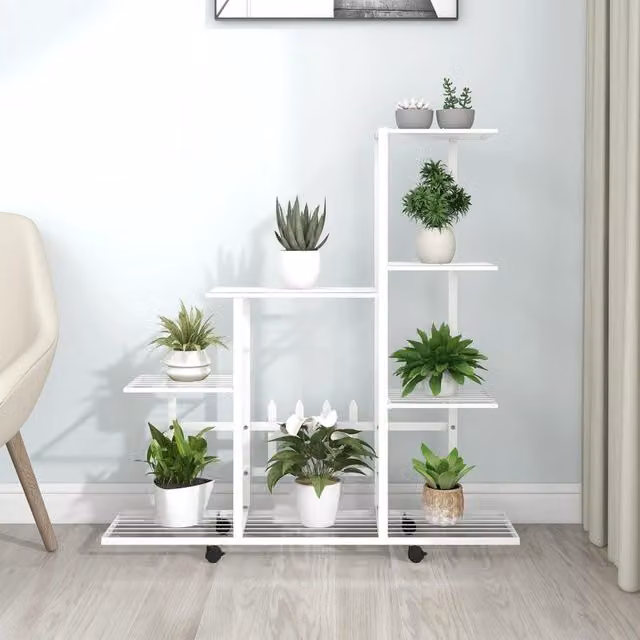 Berkfield Home White Metal Flower Stand with Wheels, W/D/H: 94.5 x 25 x 92.5 cm