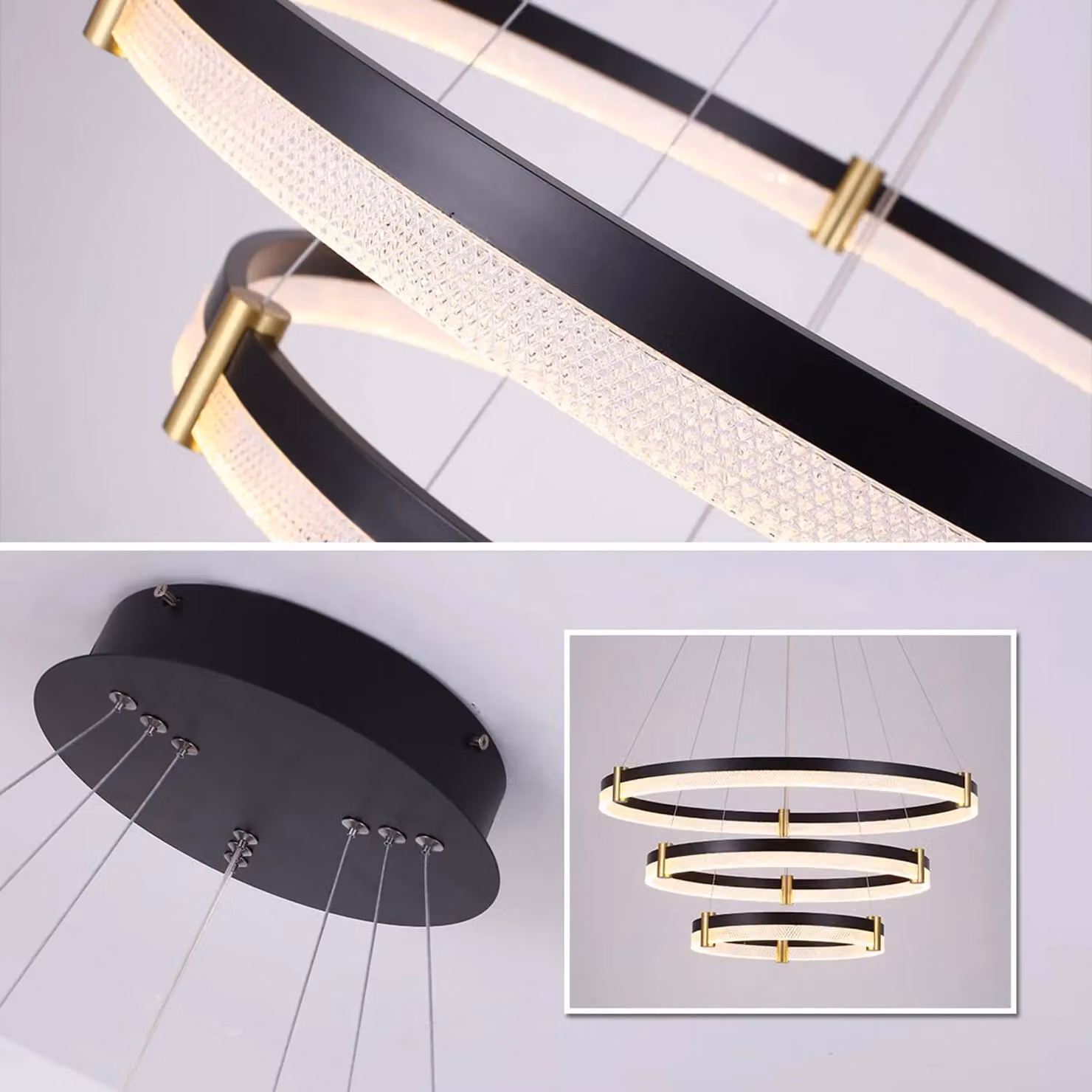 Garwarm Black and Gold Dimmable LED 3-Ring Acrylic Crystal Pendant Light with Remote Control – 3