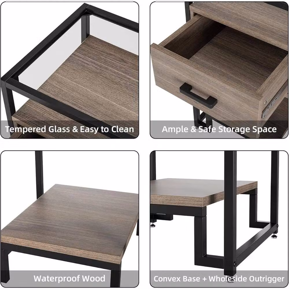KORVIXA Modern Side Table in Brown and Black with Tempered Glass Top, W/D/H: 100 x 100 x 77.97 cm – 3