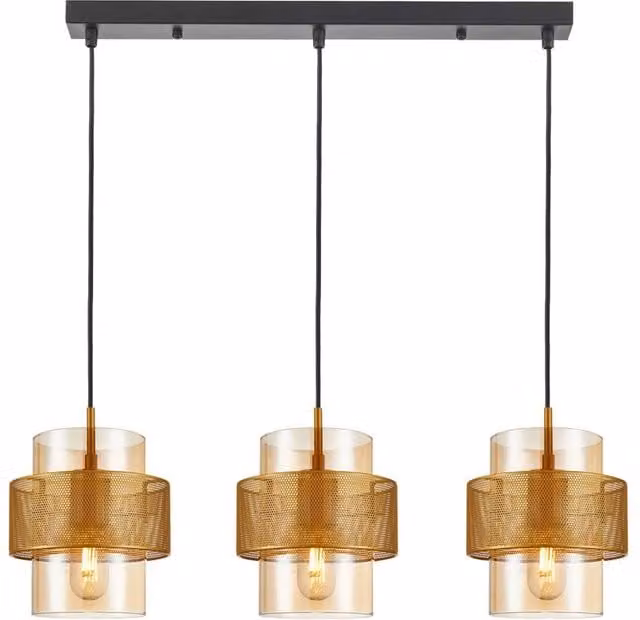 Netlighting Vinoti Bar Pendant Ceiling Light in Gold and Amber with 3 x E27 Sockets – 1
