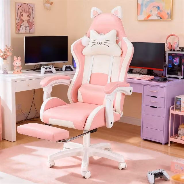 SPETLEK Pink Gaming Chair with Cat Ears and Headrest – 1