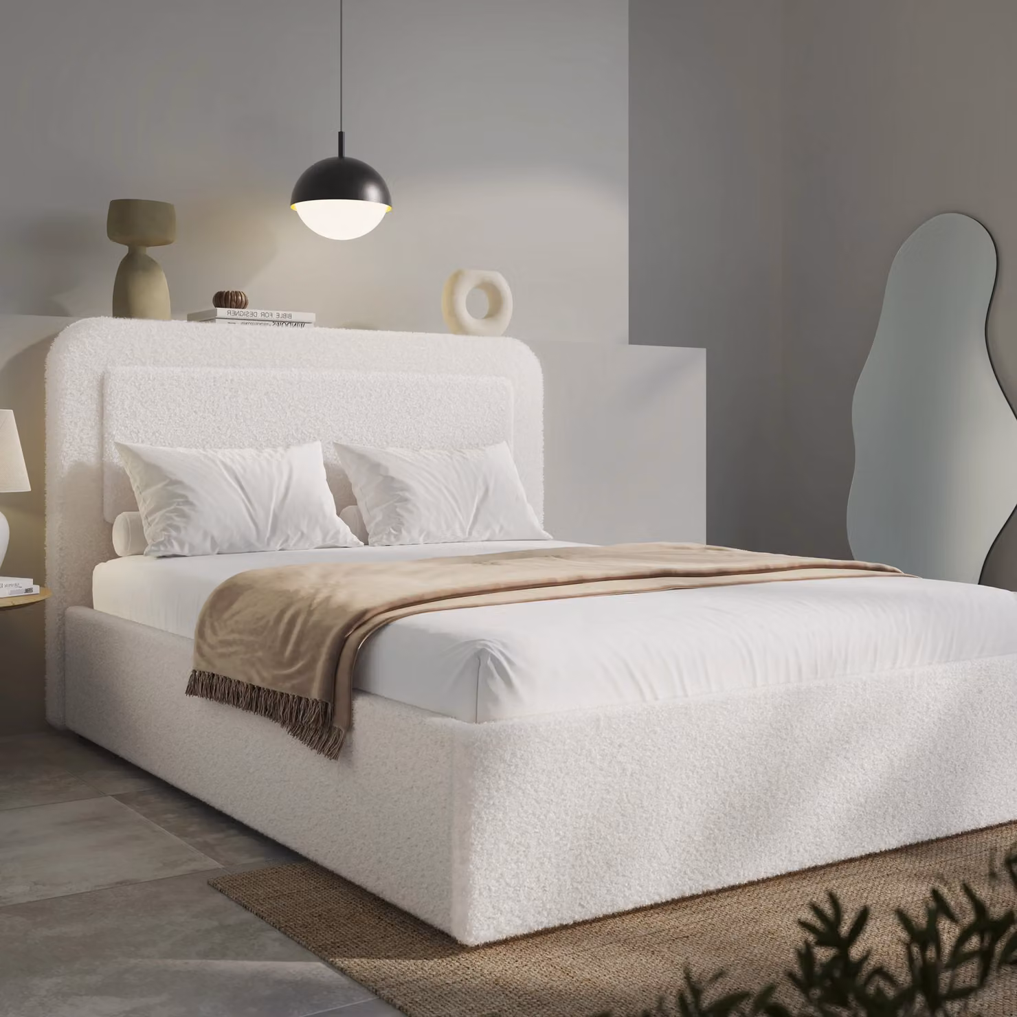 DHS White Bouclé Upholstered Ottoman Storage Bed with Curved Headboard, W/D/H: 140 x 200 cm