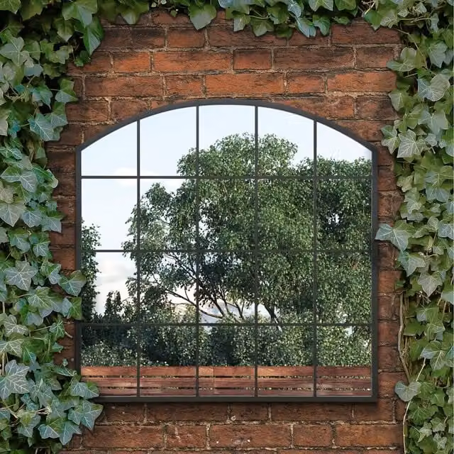 MirrorOutlet Garden Arcus Modern Hanging Mirror in Black Metal and Glass
