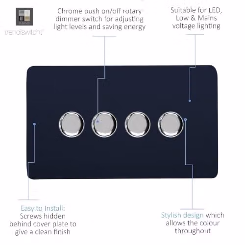 Trendi Switch 4 Gang 1 or 2 Way 150w Rotary LED Dimmer Light Switch in Navy Blue – 3