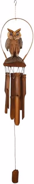 KDMK Ethical Bali Owl Bamboo Windchime, Handcrafted Brown Wooden Hanging Garden Decor, H: 100 cm
