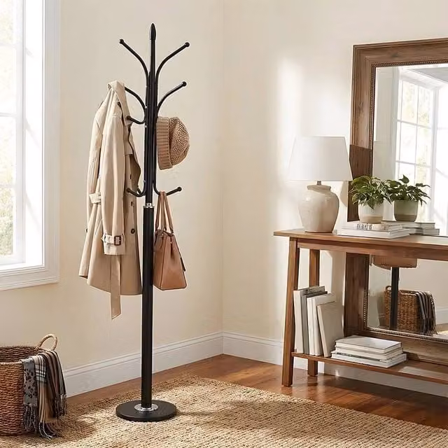 EONLION Black Metal Hat Coat Stand and Umbrella Holder with Stone Base