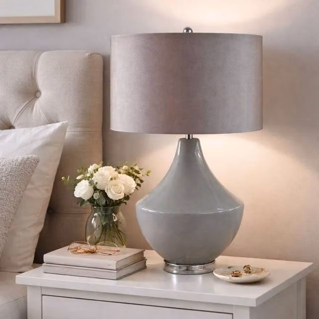 Pagazzi Sarah Grey Ceramic Table Lamp with Fabric Shade, H 68 cm x W 40 cm x D 40 cm – 1