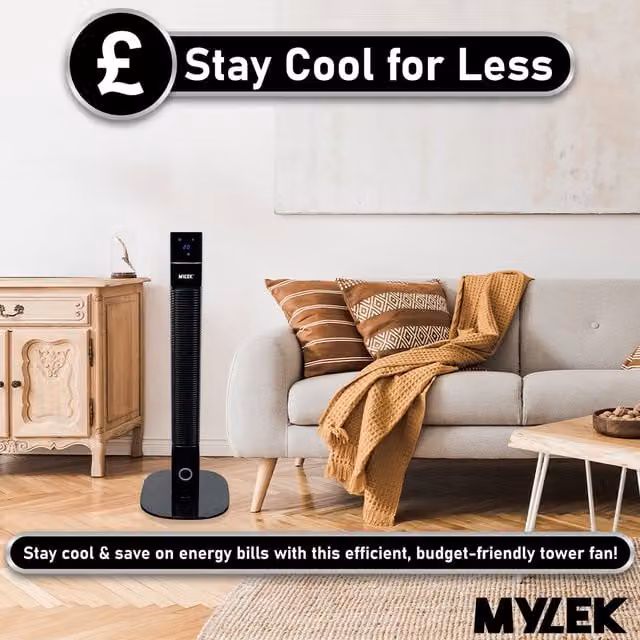 Mylek Slimline Oscillating Cooling Ionising Tower Fan with Remote Control and Timer, Black