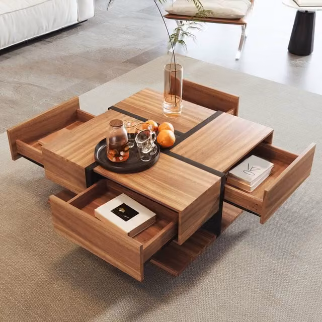 Merax Square Coffee Table with 4 Drawers and Storage Shelf in Sand