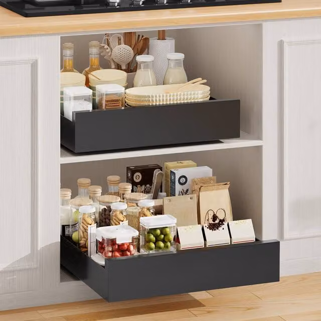 Livingandhome Metal Pull-Out Kitchen Cabinet Storage Rack Drawer Organiser in Black