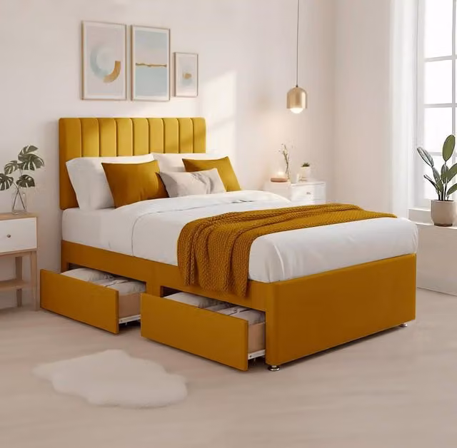 Bed Time UK Luxe Single Divan Bed with 20in Memory Foam Hybrid Mattress, Headboard and 2 Drawer Storage, Yellow, W/D/H: 90 x 200 cm – 1