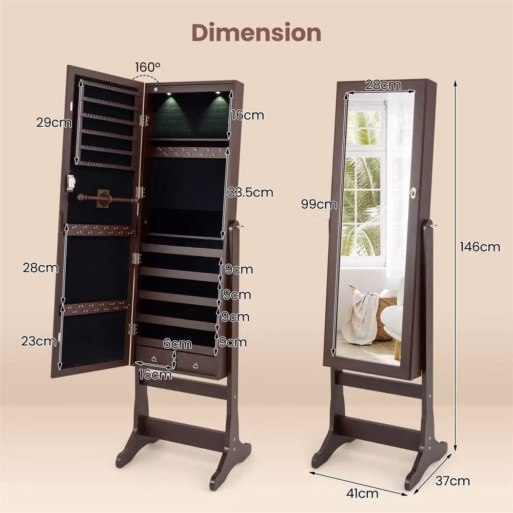 FORGEVIO Lockable Brown Wood Jewelry Cabinet with Mirror and LED Lighting – 3