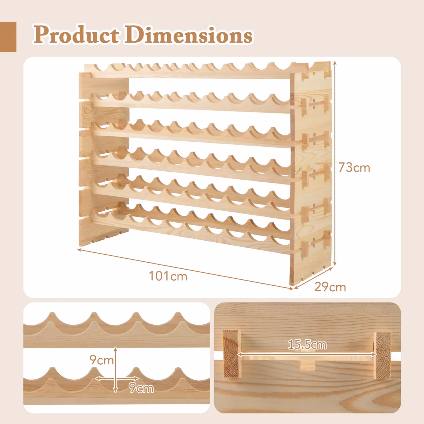 Costway Stackable Modular 60 Bottle Wine Rack in Natural Pine Wood – 2