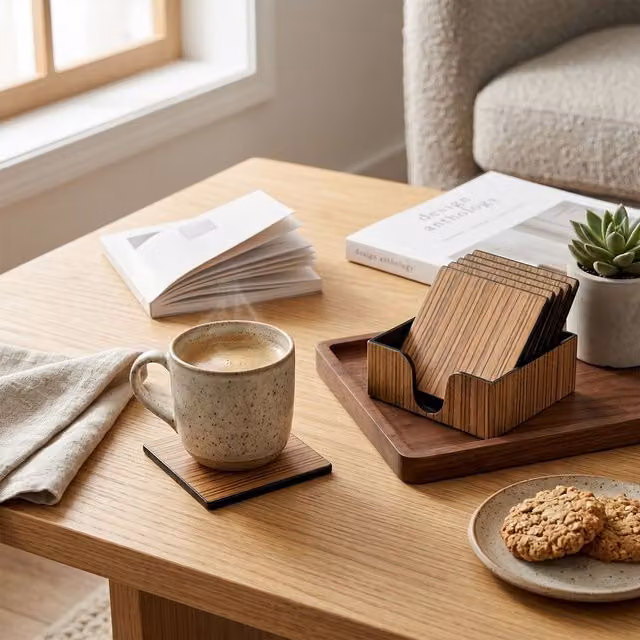 Orsina Mareel Brown Plastic and Wood Veneer Square Coaster Set of 6 with Holder – 2
