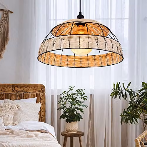 Globo Lighting Boho Rattan and Metal Cylinder Pendant Light, Black, Diameter: 40 cm, Height: 102 cm – 4