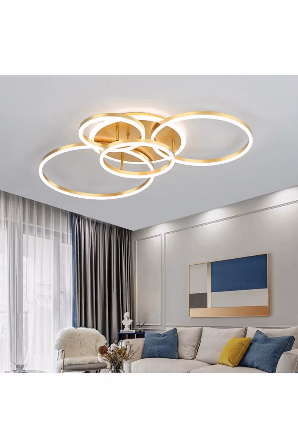 Living and Home Golden Round LED Ceiling Light with 5 Overlapping Circles in Gold/Brass with Cool White Light – 4