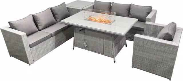 Fimous Light Grey Corner Rattan Garden Furniture Set with Gas Fire Pit, L-Shape Sofa and Coffee Table