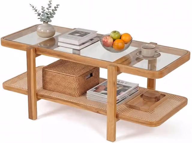 Gymax 2-Tier Rectangular Coffee Table with Storage in Brown Rustic Acacia Wood and Glass
