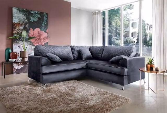 Abakus Direct Ferguson L-Shape Corner Sofa in Grey Velvet with Ottoman and Scatter Cushions, W/D/H: 200 x 200 x 78 cm