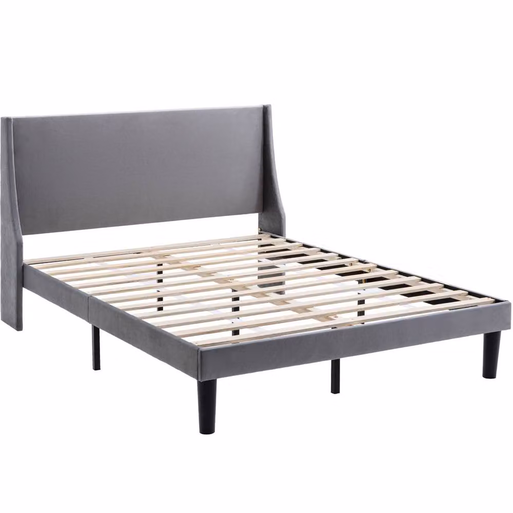 Rolipo Double Bed Grey Velvet Upholstered Bed with Winged Headboard W/D/H: 140 x 190 x 135 cm – 2
