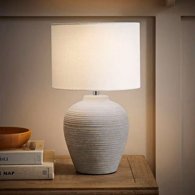 Reid Small Ribbed Ceramic Table Lamp with White Fabric Drum Shade in Grey