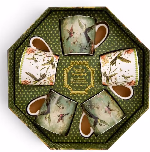 Candlelight Enchanted Forest Hummingbirds Floral Ceramic Mug Set of 5 with Lids in Green
