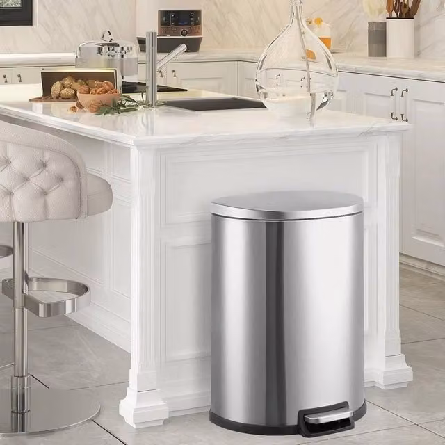 VOGREX 50L Stainless Steel Step On Trash Bin with Soft Close Lid in Metallic Silver
