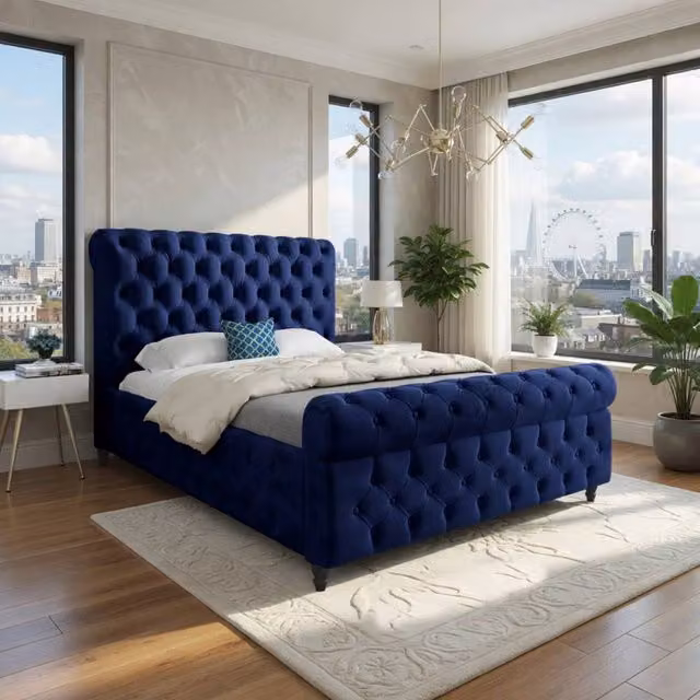 Casani Steeton Sleigh Upholstered Double Bed Frame in Blue Velvet – 1