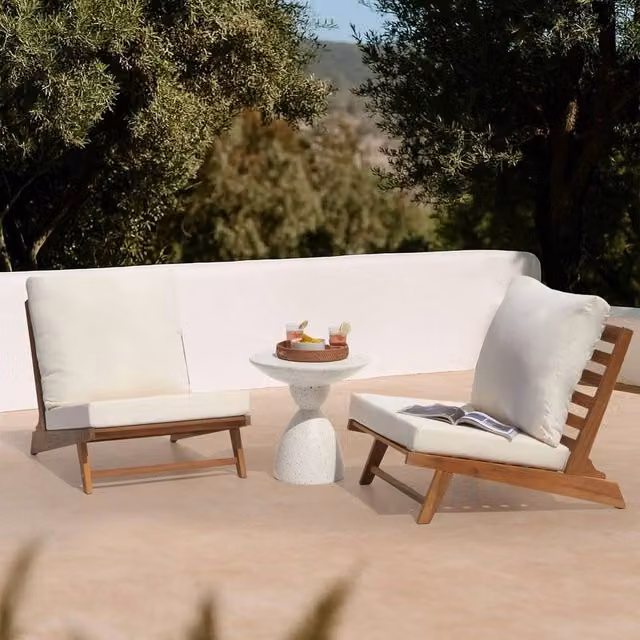 Wyld and Coco Set of 2 Brown Acacia Wood Low Outdoor Chairs with Removable Cushions