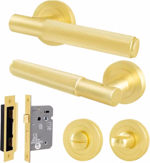 AFIT Satin Brass Bathroom Door Handle with Rose and WC Lock, Gold, W/D/H: 15 x 15 x 2 cm – 1
