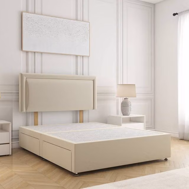 BSSPOKE Ella Plush Velvet Divan Bed with 24 inch Headboard and 2 Drawers in Beige, Super King, W/D/H: 200 x 200 cm