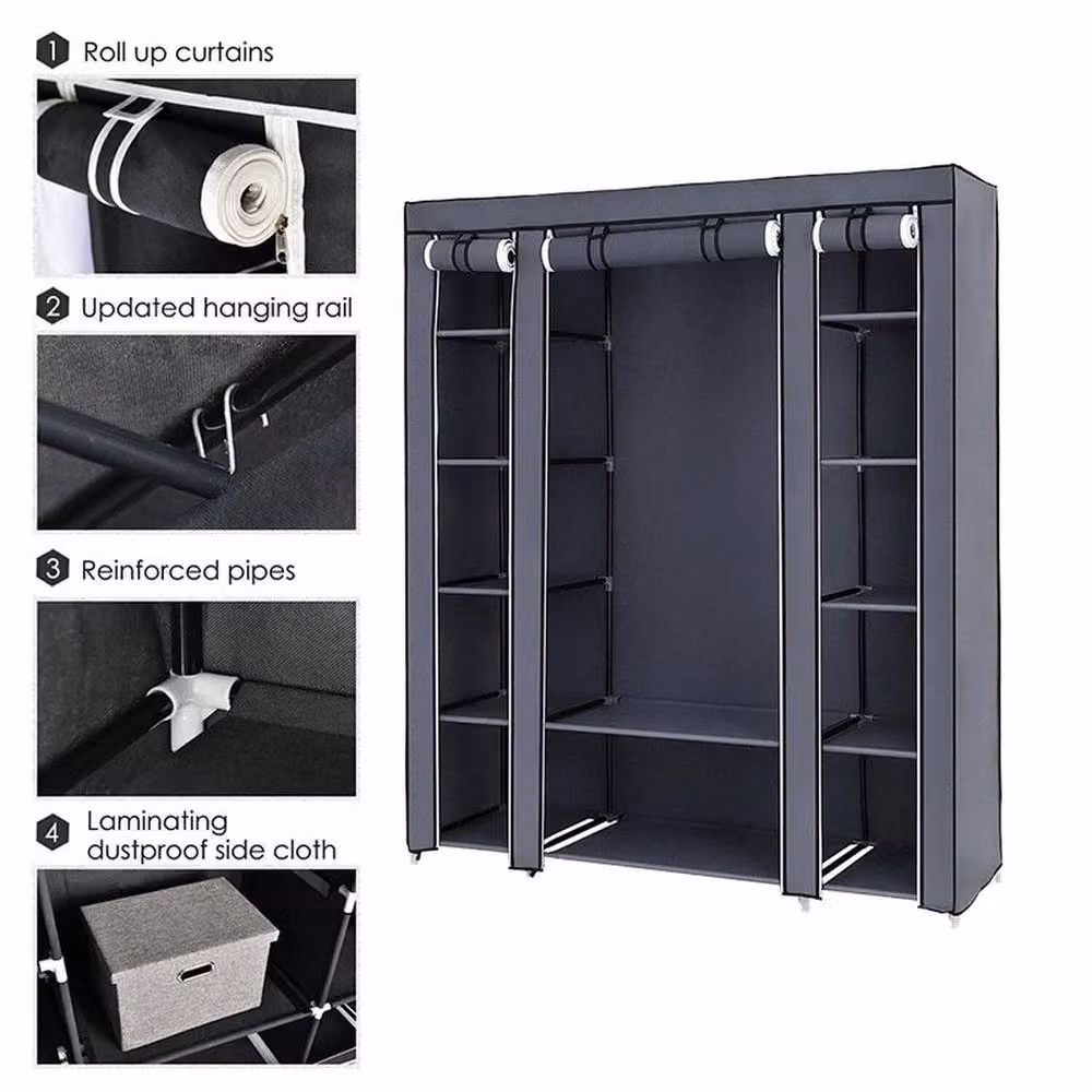 PAWNORA Grey Fabric Canvas Wardrobe with Hanging Rod and Internal Shelves, W/D/H: 45 x 45 x 175 cm – 2
